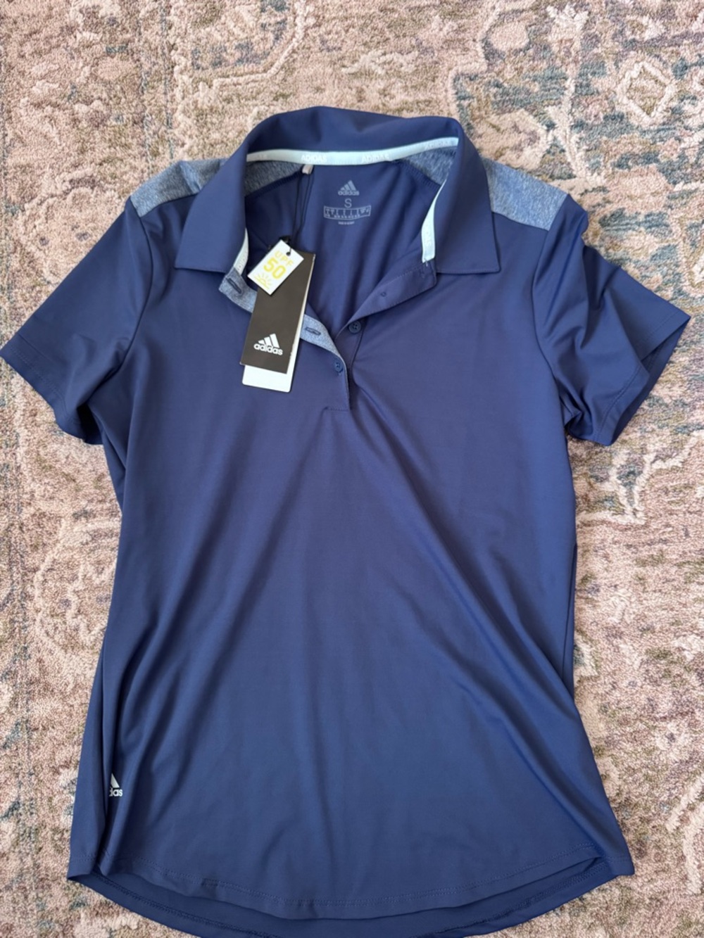 Adidas Navy Blue Polo with Heather Gray Shoulder Panels
